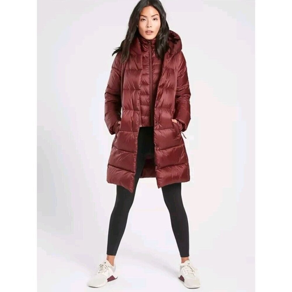 Athleta Lofty Goose Down Hooded Funnel Burgundy Red Puffer Coat Zip Snap XS